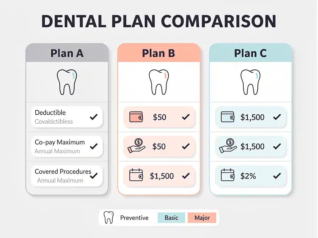 Infografía comparativa de características clave de planes dentales.