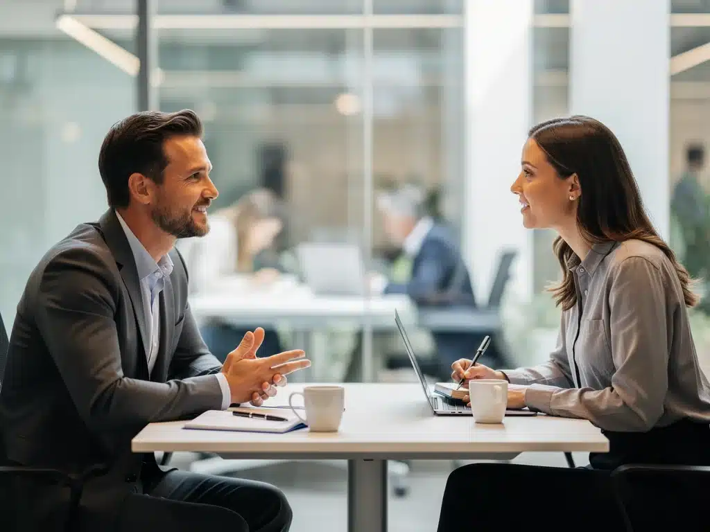 Líder de equipo escuchando activamente a un empleado, reflejando comunicación efectiva y liderazgo de apoyo.