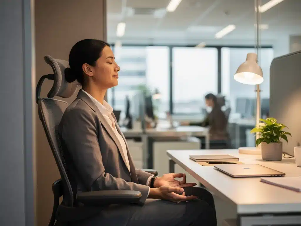 Persona practicando mindfulness en un espacio de oficina tranquilo, mostrando la importancia de las pausas mentales.
