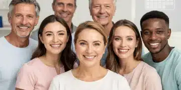 Grupo diverso de personas sonriendo con dientes sanos, representando los beneficios de un plan dental.