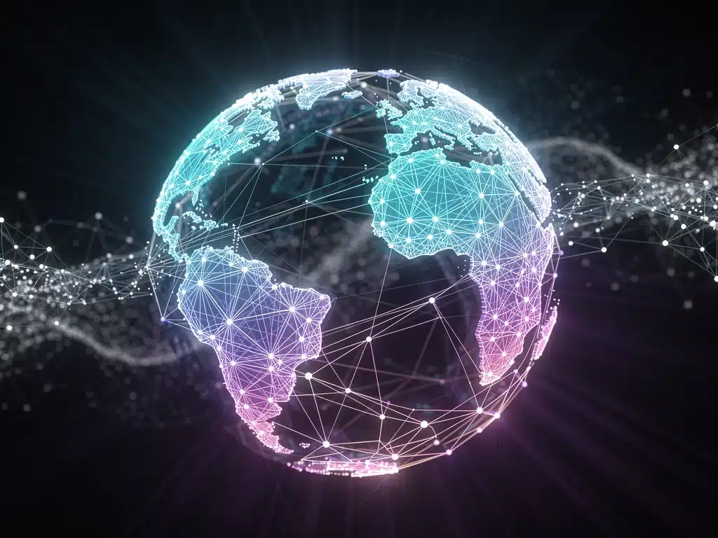 Representación abstracta de la transformación digital y la conectividad global impulsadas por el aprendizaje continuo.