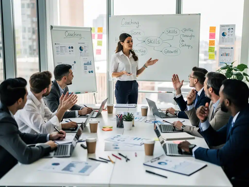 Profesionales en un taller de coaching empresarial, aprovechando el estipendio para desarrollo.