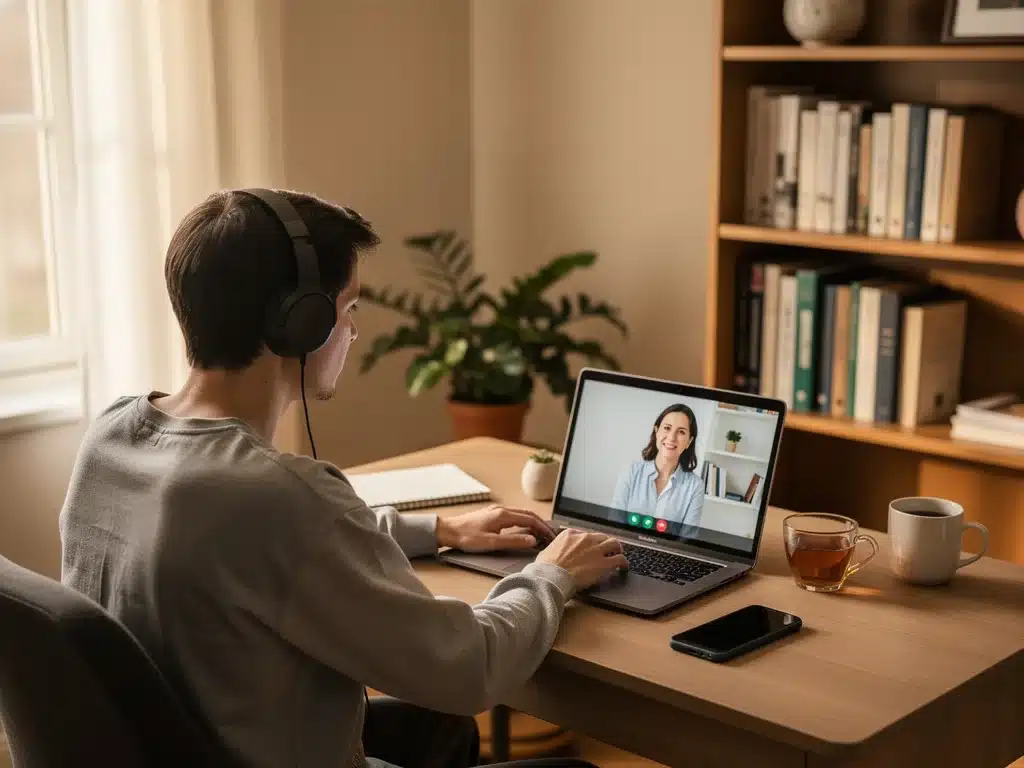 Persona recibiendo terapia online, un beneficio clave del estipendio de salud mental empresarial.