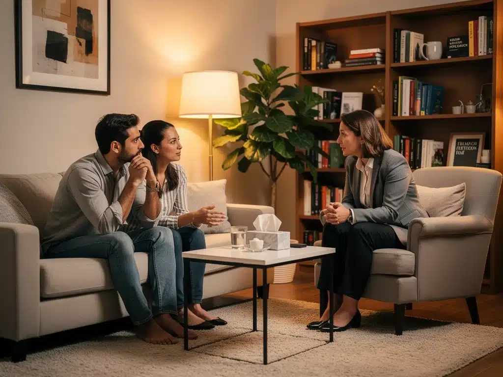 Sesión de terapia de pareja, enfocada en comunicación y bienestar